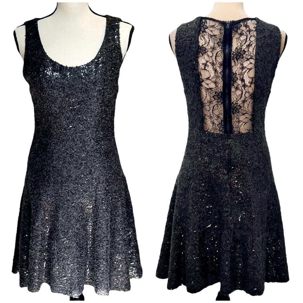 ALICE AND OLIVIA BLACK SEQUIN FIT & FLARE SLEEVELESS DRESS W SHEER LACE BACK